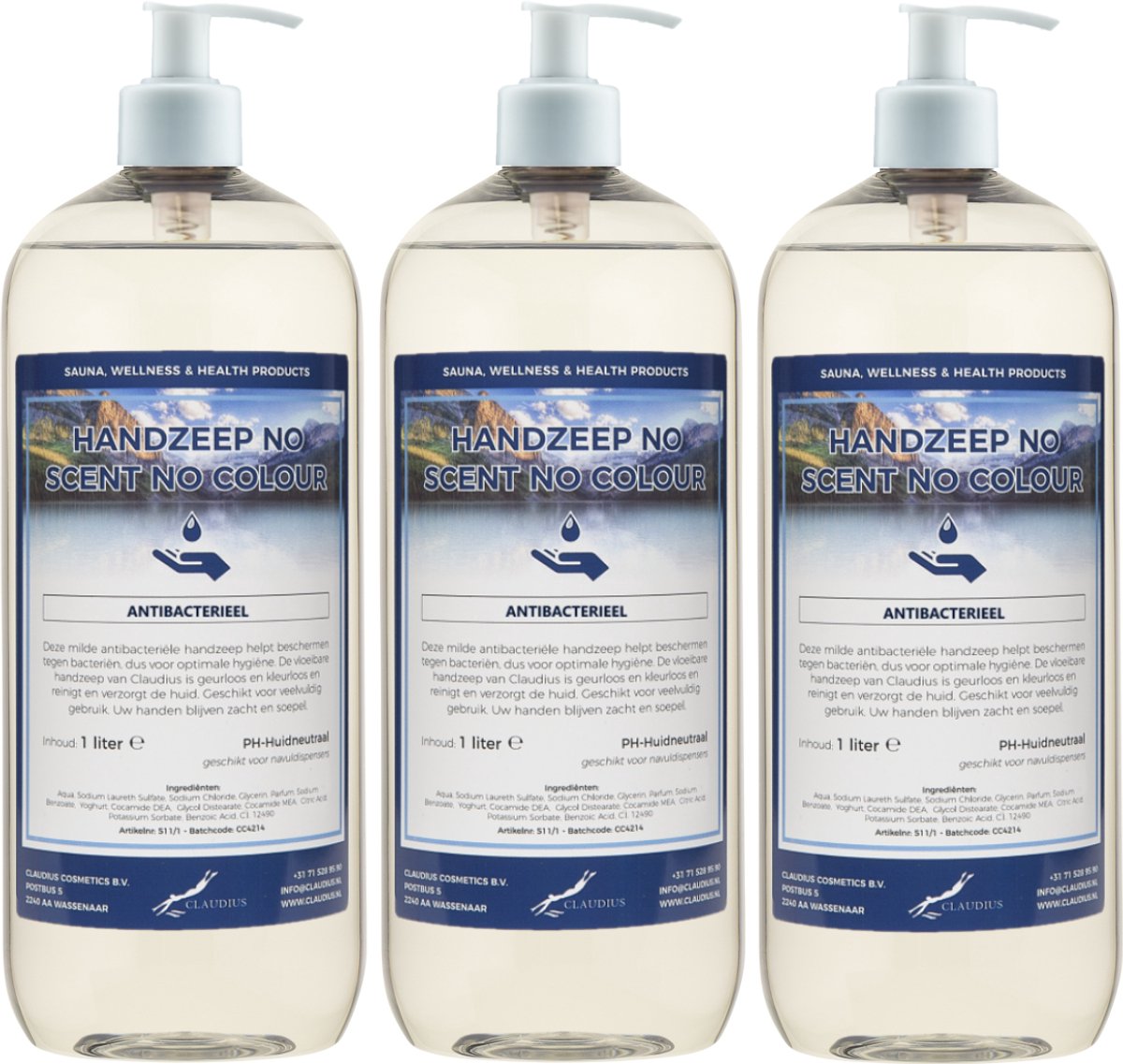 Handzeep No Scent No Colour 1 liter - set van 3 stuks - met gratis pomp - Voordeelverpakking