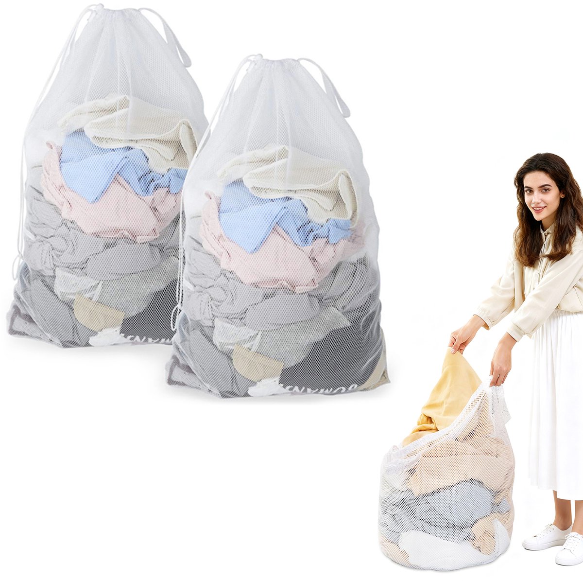 2 stuks waszakken van mesh met trekkoord en handvatten - 50×60cm waszakken van mesh - Duurzame tassen voor delicate kleding - Stevige waszakken van mesh - Geschikt voor wasmachines, reizen, kleding, speelgoedopslag