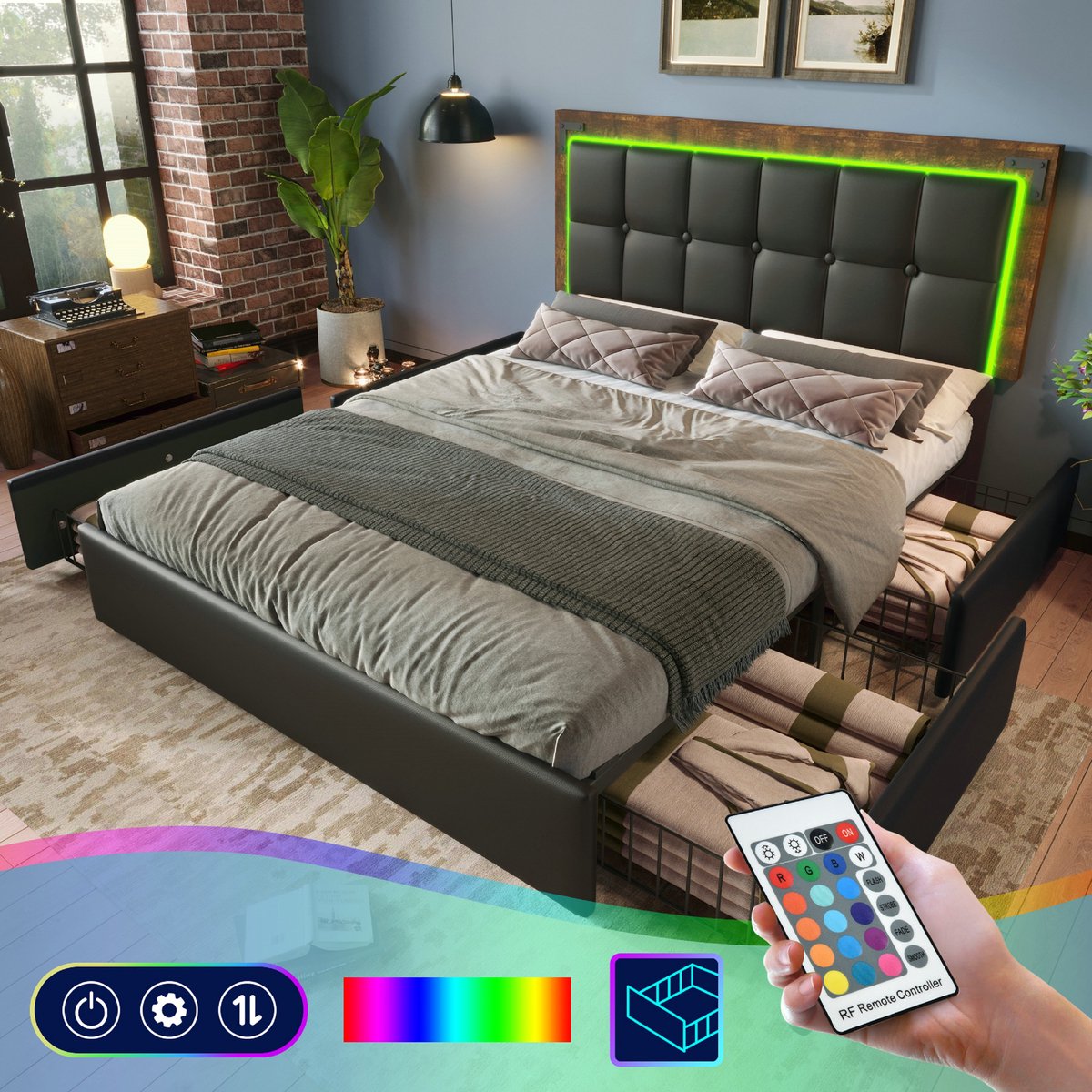 Strovea Bedframe met led-verlichtingsstrip en 4 lades, tweepersoonsbed gestoffeerd bed 140x200 cm, in hoogte verstelbaar hoofdeinde, functioneel bed, PU zwart (zonder matras)