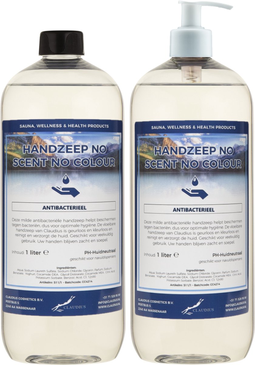 Handzeep No Scent No Colour 1 liter - set van 2 stuks - met gratis pomp - Voordeelverpakking