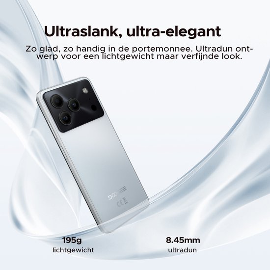 Ultraslanke, witte DOOGEE Note 56 Pro smartphone, 8.45mm dik en 195g lichtgewicht.