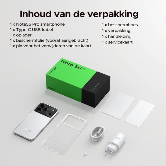 Inhoud van de DOOGEE Note 56 Pro verpakking: witte smartphone, groene doos, hoesje, oplader, kabel en accessoires.