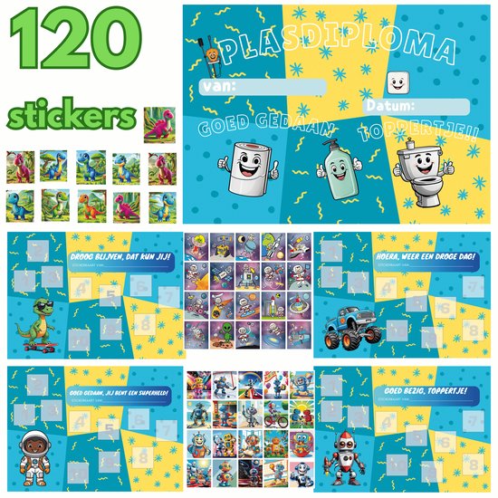 Zindelijk worden zonder strijd – Beloningssysteem jongen – Zindelijkheidstraining kind – 8 stickerkaarten, 120 beloningsstickers en Plasdiploma