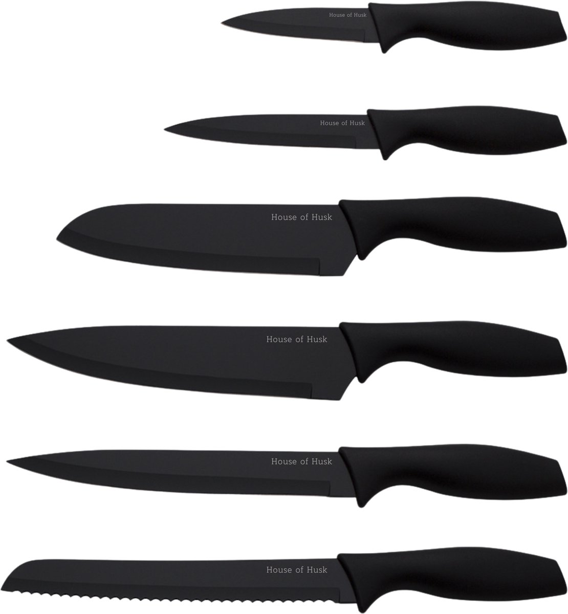 House of Husk 6 Delige Messenset Zwart - Keukenmessen Set Met Mesbeschermer - Koksmes - Chef Mes - Complete Set Zwart