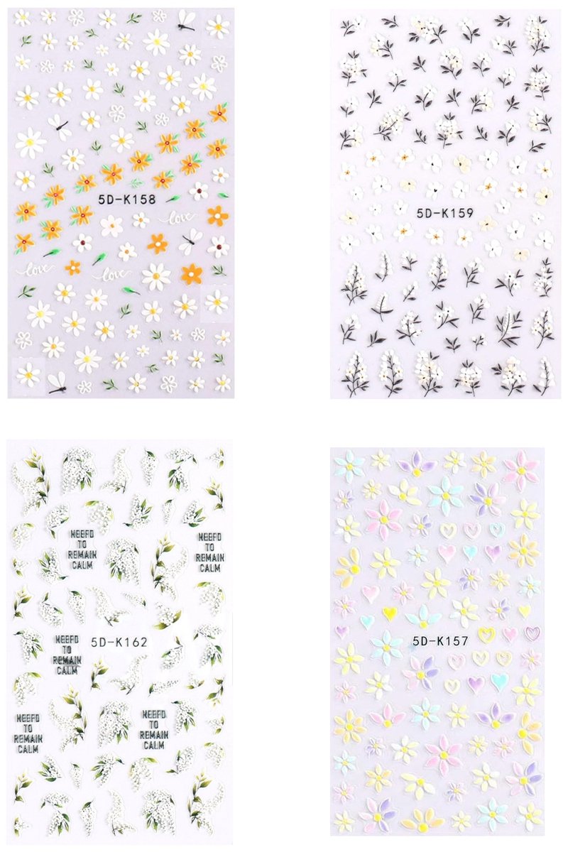 QTTVBTNA 5D Bloemen Nagelstickers – 4 Stuks 3D Embossed Nail Art – Zelfklevende Nagelfolie – Nail Art Stickers voor Manicure & Pedicure