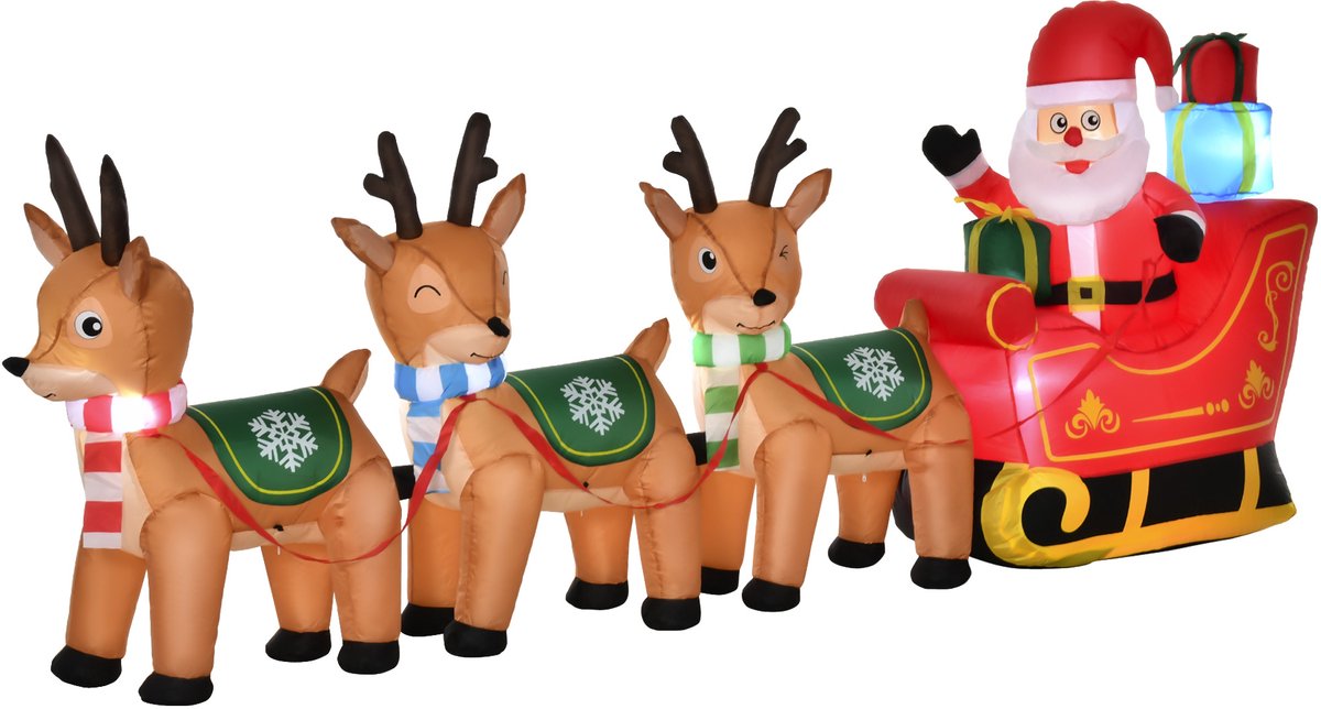 HOMCOM Inflatable Christmas Deer Cart Polyester 319B x 59T x 132H cm Braun+Rot+Grün