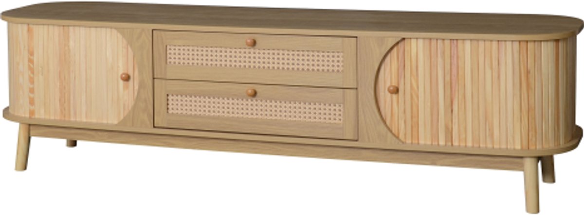 TV Meubel 170 x 39.5 x 46 cm Tv Kast Natuur Massief Hout Rieten Zijpanelen Met Deuren Laden Landelijke Stijl Opbergoplossing Voor Woonkamer
