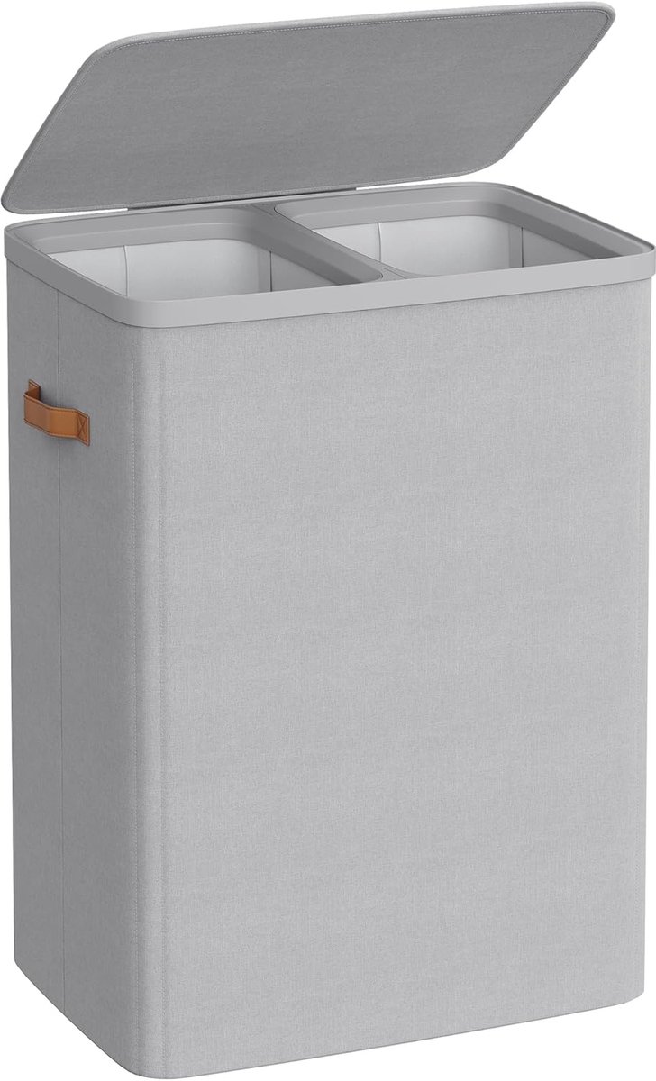 SONGMICS Wasmand, 170 L Vuile wasmand, 2 compartimenten, eenvoudige montage, met deksel en handgrepen, uitneembare binnenzakken, 56 x 40 x 75 cm, duifgrijs LCB813G01