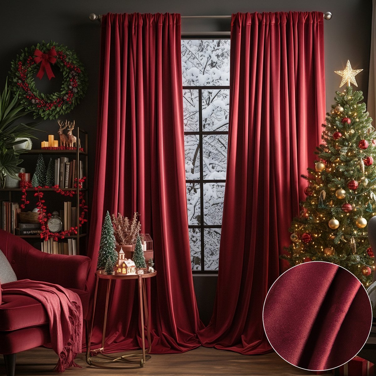 MUPOO Set van 2 Verduisterend Gordijnen - Koude Bescherming - Isolerende - Hoge kwaliteit Fluweel - voor Kerst - Winter - Feest - Slaapkamer - Woonkamer - 132x274cm (b x h) - Kerstrood