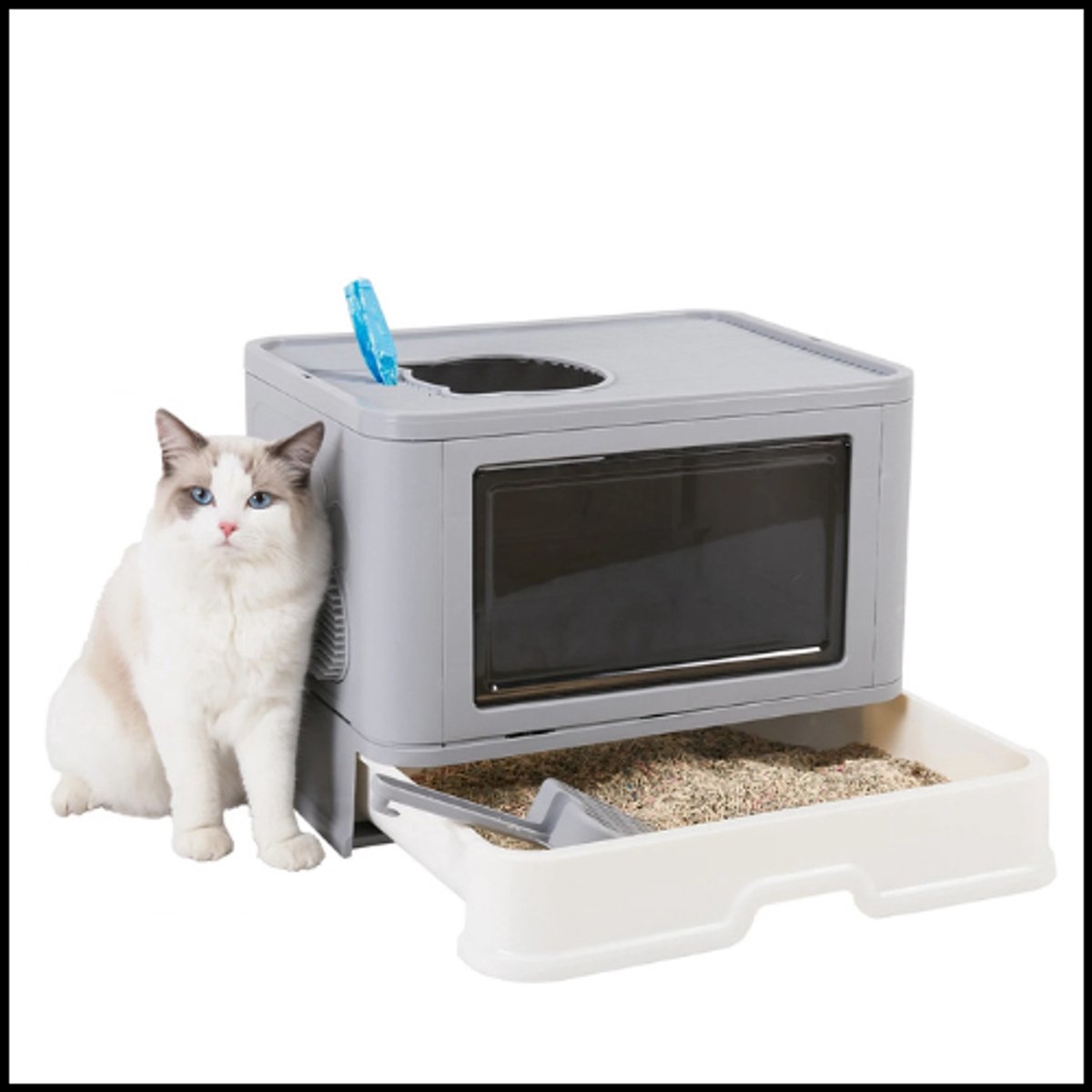 Opvouwbare kattenbak – Voorzijde en boveningang – Massager schep inbegrepen – Zelfreinigend ontwerp – Ruim – Voor kittens en katten tot 10 kg – Grijs/wit Opvouwbare kattenbak – Voorzijde en boveningang – Massager schep inbegrepen – Zelfreinigend ontwerp – Ruim – Voor kittens en katten tot 10 kg – Grijs/wit