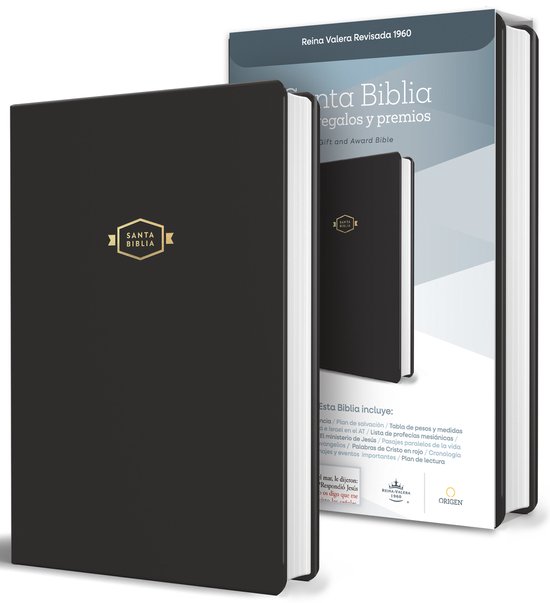 Bible noire 'Santa Biblia' pour cadeaux et prix, avec logo doré 'Santa Biblia' et texte doré sur le dos.