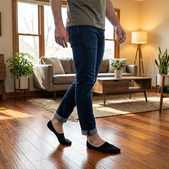 Man in kaki t-shirt en donkere jeans met opgerolde broekspijpen draagt zwarte no-show sokken.