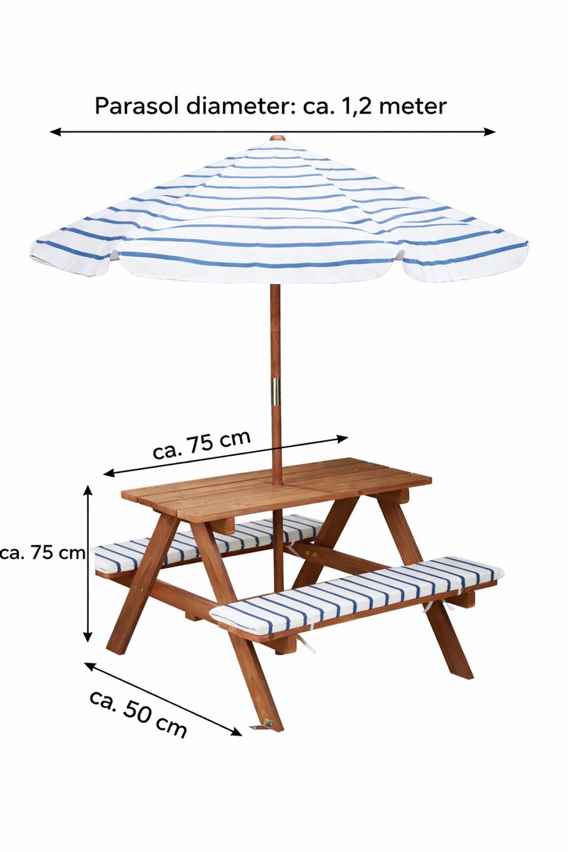 Relaxwonen - Kinder picknicktafel met parasol – hout – inclusief kussens thumbnail 3