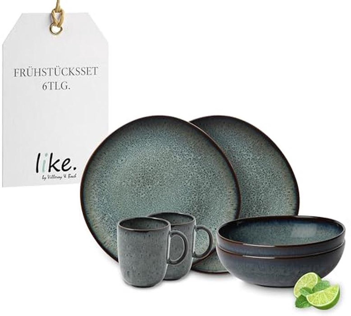 Aardewerk Tableware Set voor 2 Personen - 6 delige Ontbijtset in Pottery Look, Grijs