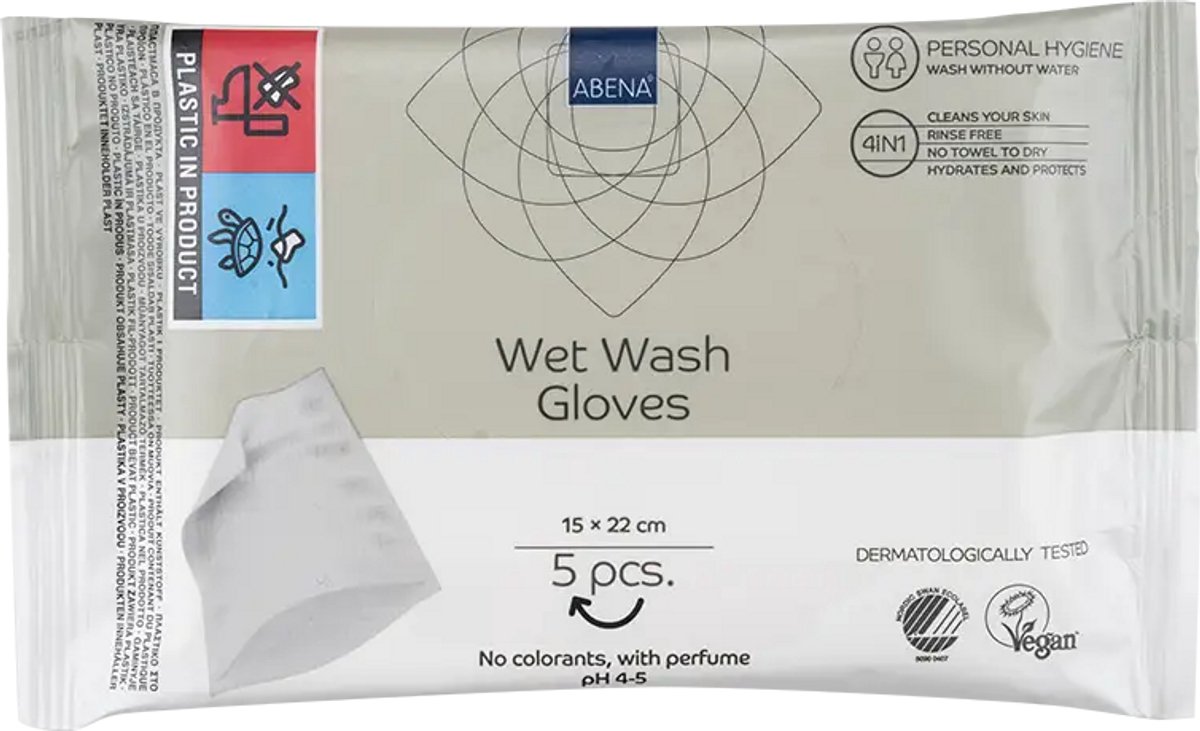 Abena Vochtige Washandjes Wegwerp - Geparfumeerd - 5 washandjes - Wassen en opfrissen zonder water en zeep - Droogt Snel, geen Handdoek Nodig - Opwarmbaar in de Magnetron - Perfect voor Thuis en Onderweg