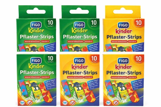 Figo® | 6 x 10 Dieren kinderpleisters | dierfiguren | diverse kleuren en prints | waterbestendig | 56 x 18 mm