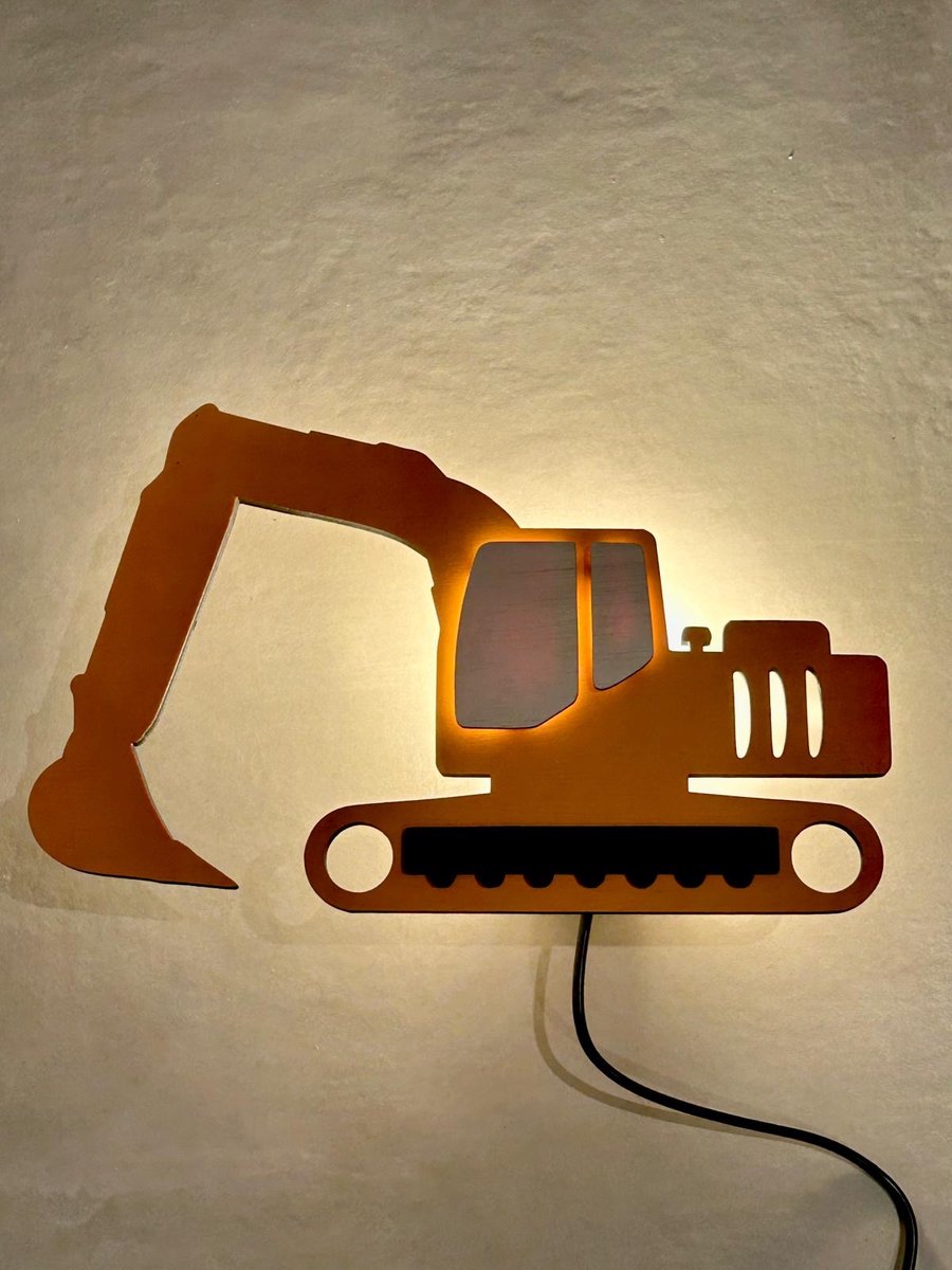 Houten wandlamp kinderkamer - Graafmachine - Graaf machine - Oranje graafmachine - Kinderkamer - Babykamer - Slaapkamer - Nachtlampje kinderkamer - Cadeau - wandlicht - leeslampje - kinderlampje - speelkamer - verlichting