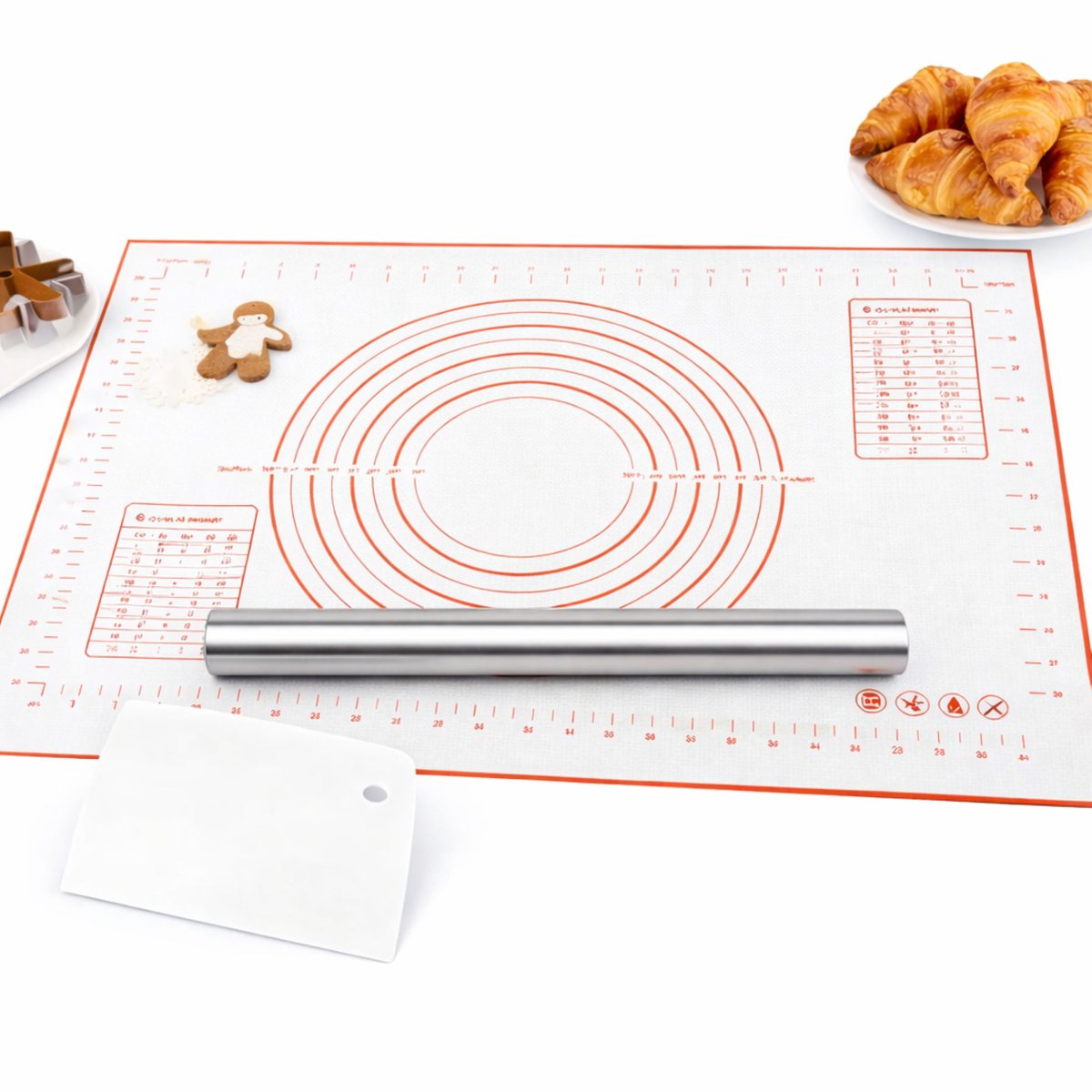 Bredline Bakmat Set – Siliconen Bakmat 60x40 cm + RVS Deegroller 25 cm + Deegschraper – Anti-Slip – Hittebestendig – Bakaccessoires