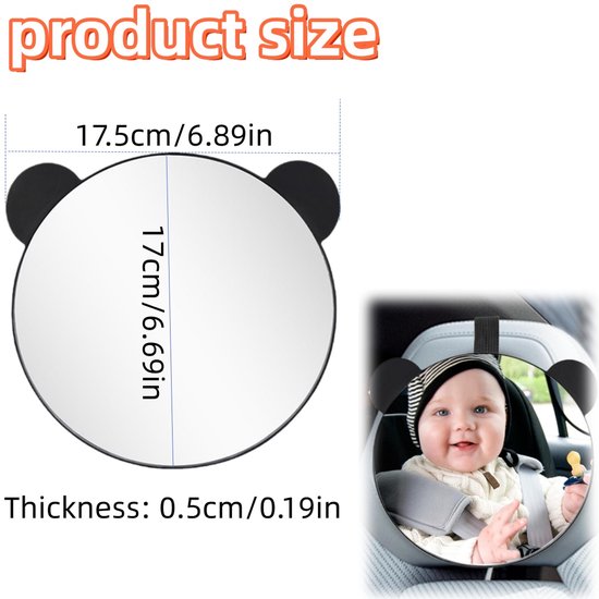 Autostoel spiegel - baby-observatiespiegel in de auto - reflector van de auto - autostoel accessoire - vorm van berenoren - met verstelbare bevestigingsriem - voor achterwaarts gerichte autostoeltjes (17*17,5 cm - zwart) van Psevdi — afbeelding 2