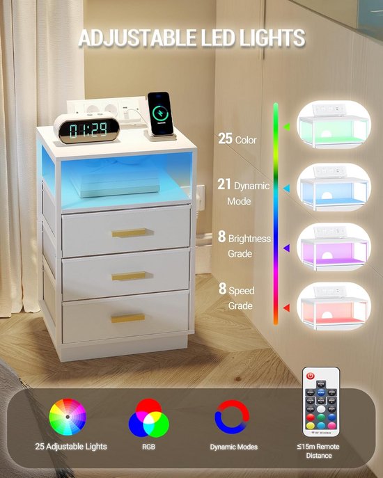 Nachtkastje met Oplaadstation en LED-Verlichting, Inclusief 2 USB-Poorten en Stopcontacten, Ideaal voor Slaapkamer en Woonkamer — afbeelding 3