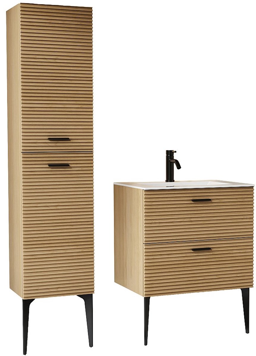 Vente-unique Geribbeld badkamermeubel op poten met inbouwwastafel, kraan en kolomkast - 2 laden - Licht naturel - 60 cm - SARONE