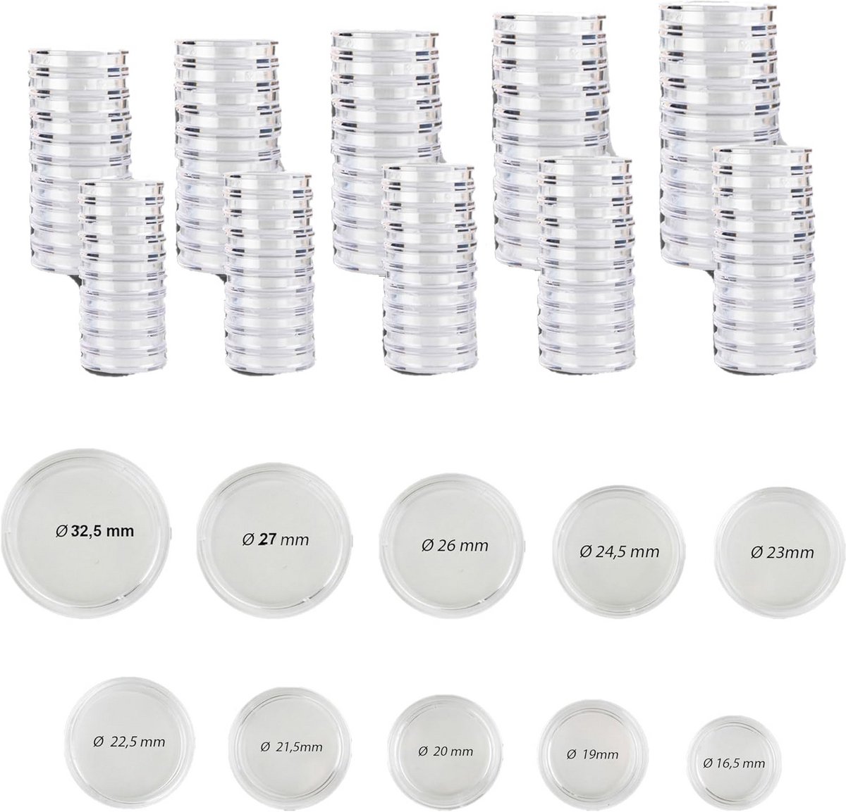 Muntenbox set met 100 capsules voor munten van 16,5 tot 33 mm