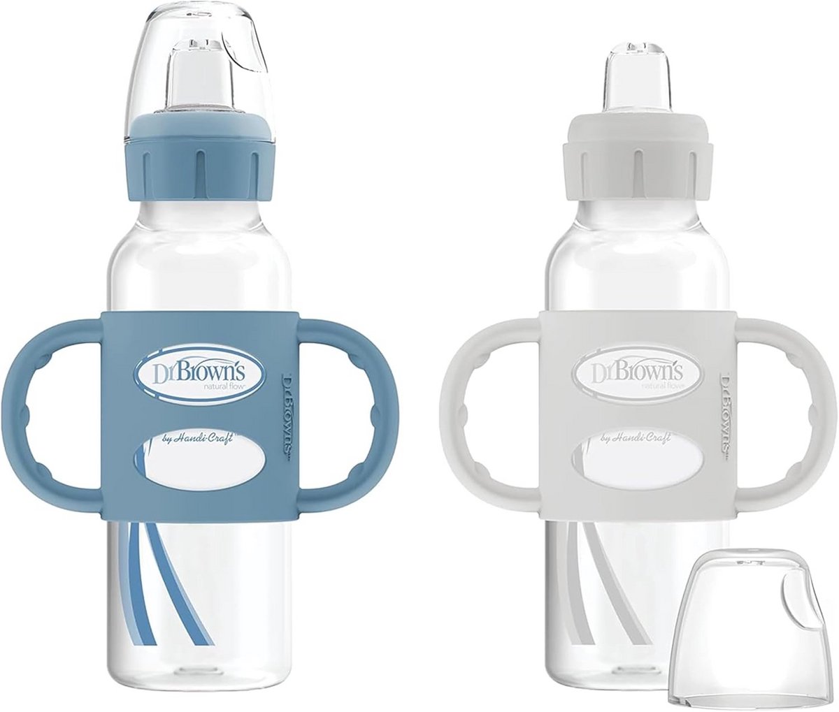 Narrow Sippy Bottle met Siliconen Handvatten – 250 ml, BPA-vrij, Lichtblauw en Grijs, 2-Pack, 6m+
