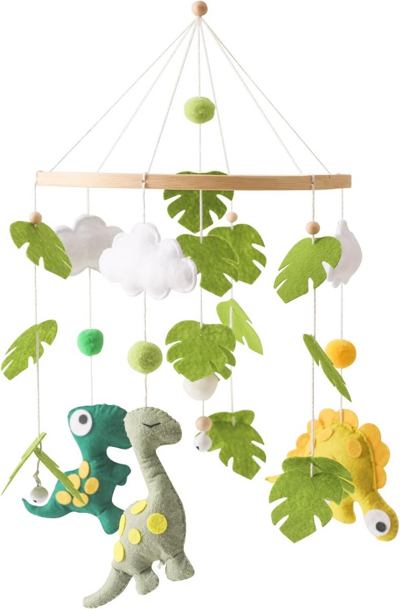Mobiele baby windgong - Houten dinosaurus en vilten regenwoud hanger voor babykamerdecoratie