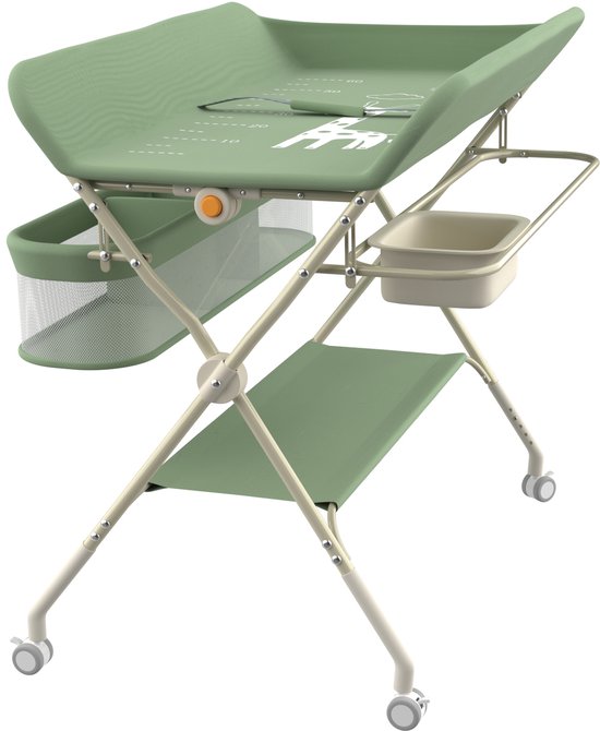 PIPIPOXER-Verschoontafel-Opvouwbare commode, in hoogte verstelbaar, met opbergmand voor pasgeborenen, Groen