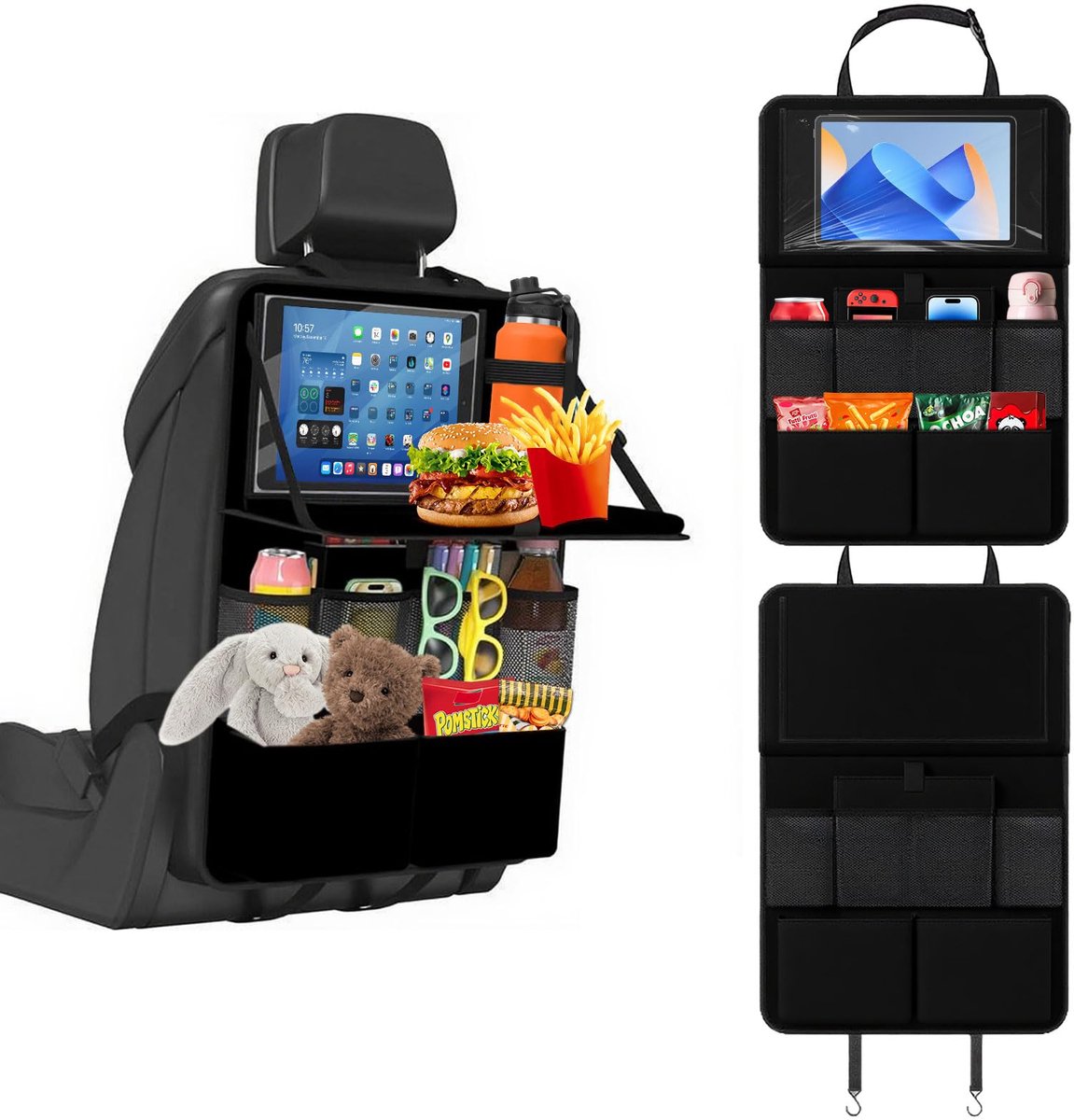 IMPERATORIS® Autostoel Organizer - Bescherming Achterkant Stoel - Met Tablet Houder en Opbergvakken - Voor Kinderen en Reizen - Waterafstotend - 2 Stuks - Zwart - 62 x 42 cm