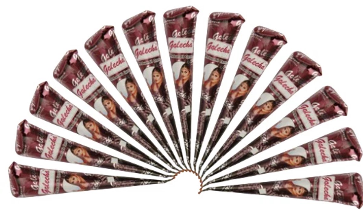 Golecha 100% Natuurlijke Henna Kegels (12st) Rood-Bruin Kant-en-Klaar Vrij van PPD & Chemicaliën 300g Mehendi Set voor Tijdelijke Tattoos & Bruidshenna Veilig voor de Huid & Direct Gebruik met Kajal Sticker