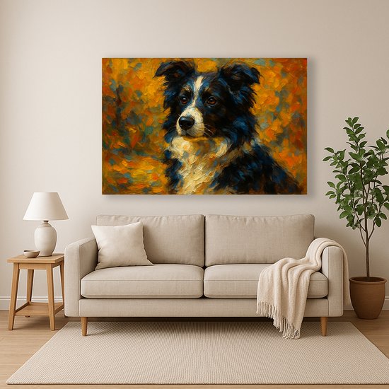 Een schilderij van een Border Collie met zwarte, witte en bruine vacht, tegen een oranje, gele en blauwe achtergrond, boven een bank.