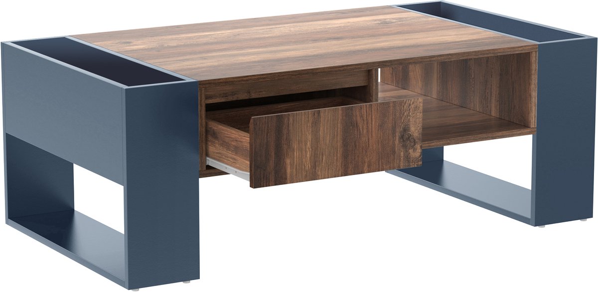 Clruro Salontafel - Houtlook - Griffeloze Lade - Staufach en Achterlade - Dubbelsidig Opbergruimte - Groot Opberggedeelte - Anthraciet - MDF Grijs/zwart