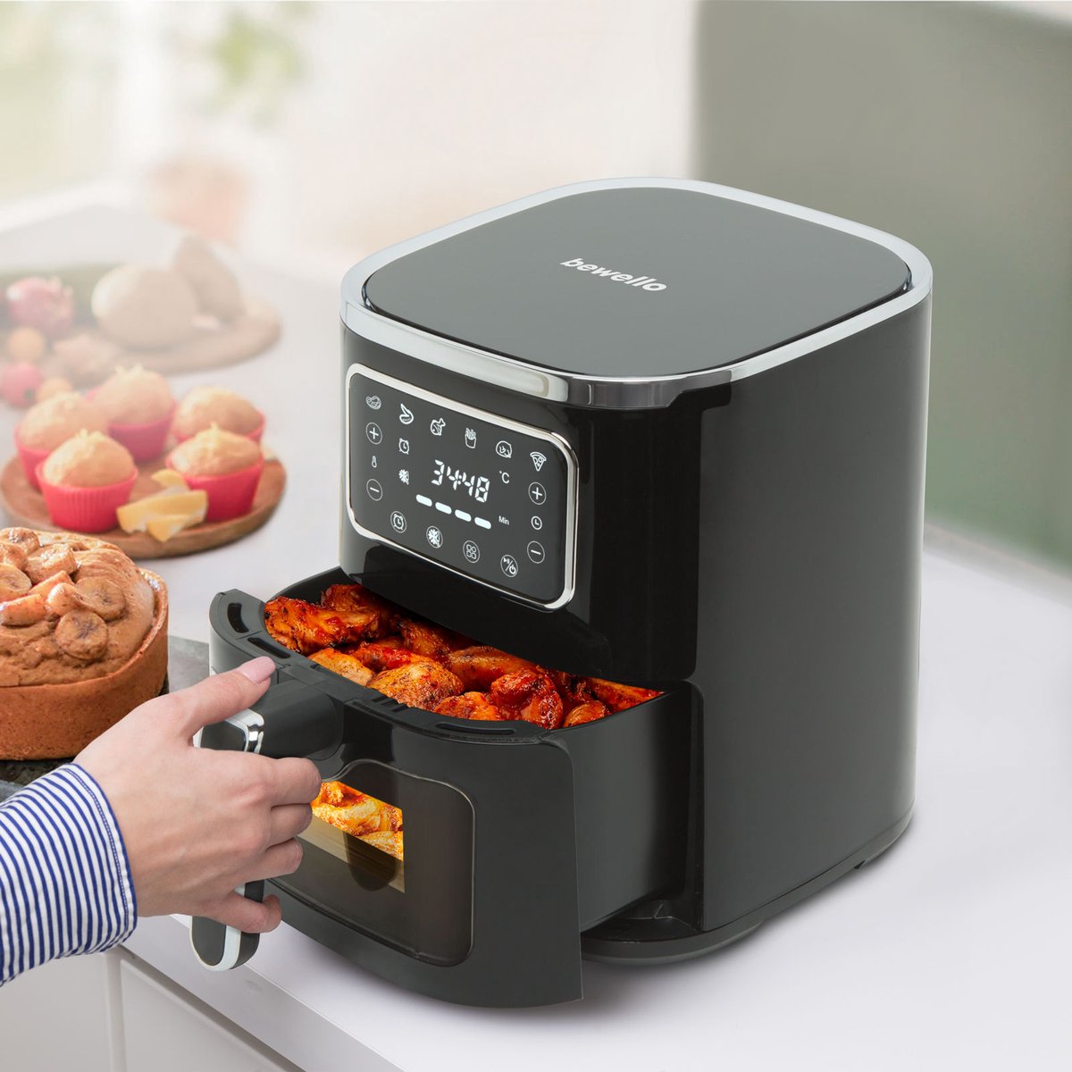 Airfryer – 5 Liter – 1450 Watt – Touch Bediening – Oliearm / Olievrij Frituren – Kijkvenster Met Verlichting – Timerfunctie – Non-Stick Bakmand – Zwart – 230V – 1 Stuk [BW1002B]