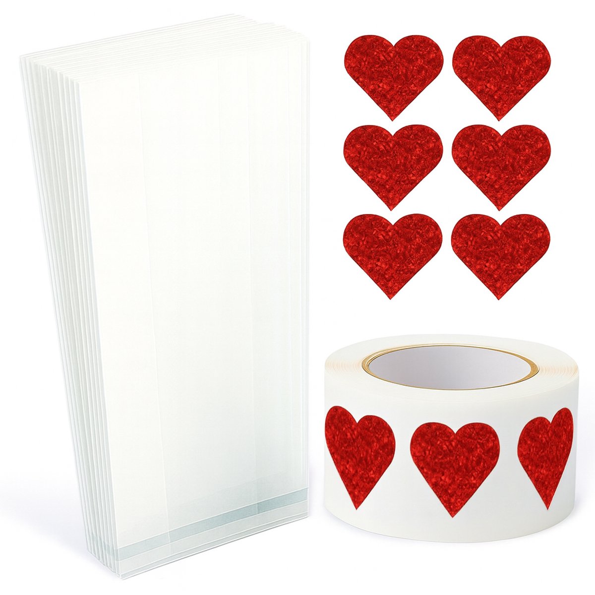 25x Uitdeelzakjes met Hart stickers | 220 x 90 mm | Traktatiezakjes | Kinderfeestje | Valentijn | Cellofaanzakjes | Cadeauzakjes | Snoepzakjes | Plastic Zakjes | Uitdeelzakjes kinderen | Cadeauzakjes Kinderen | Verpakkingszakjes Uitdeelcadeaus