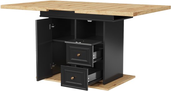 Houten tafelblad op donker onderstel met open deur en laden, op houten sokkel.