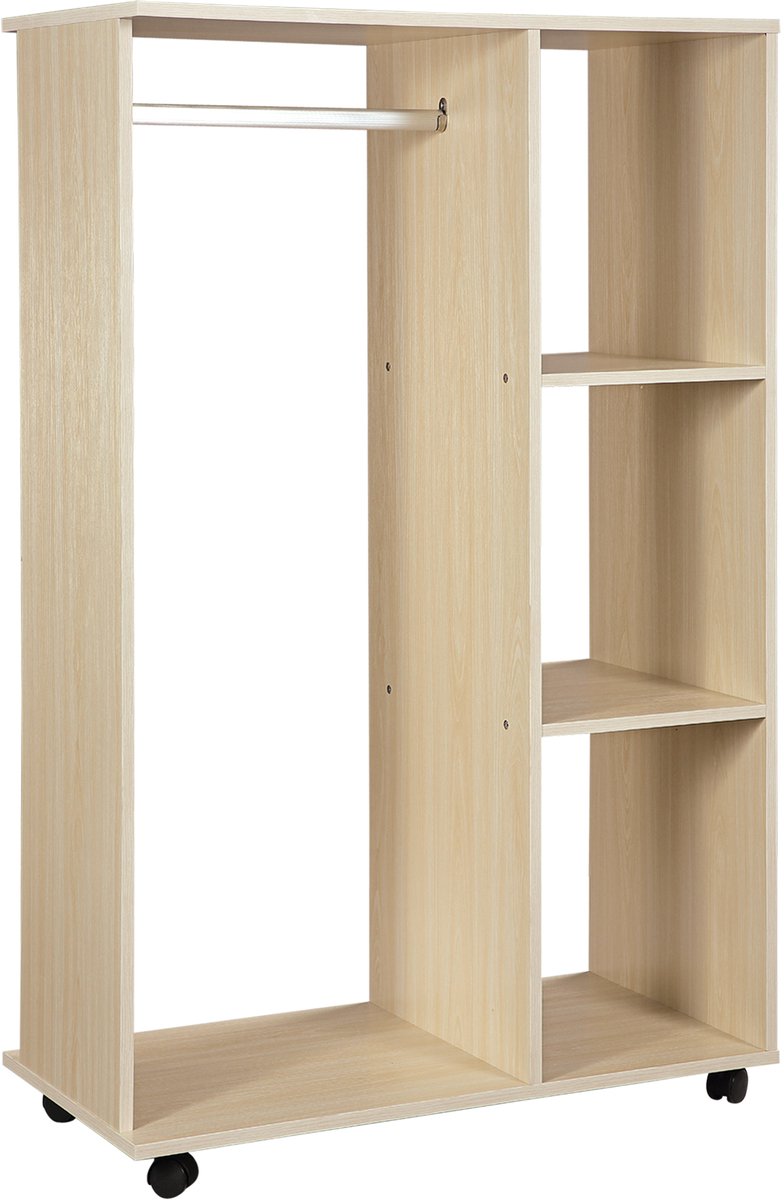 HOMCOM - Kledingrek op wielen - Hout - 80x40x128cm - Natuurlijk hout