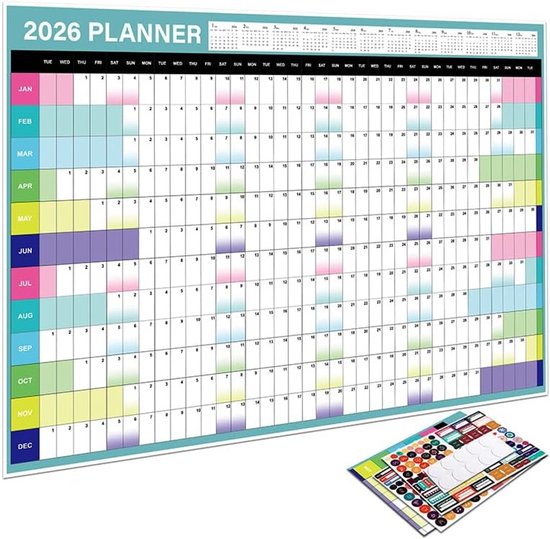 AEYAKA Wandkalender 2026, grote jaarkalender, A1-planner met vakantieoverzicht, weekkalender, gevouwen kalender, 57 cm x 87 cm, Spaans