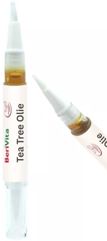 Een doorzichtige pen met kwastje, gevuld met gele Berivita Tea Tree Olie.