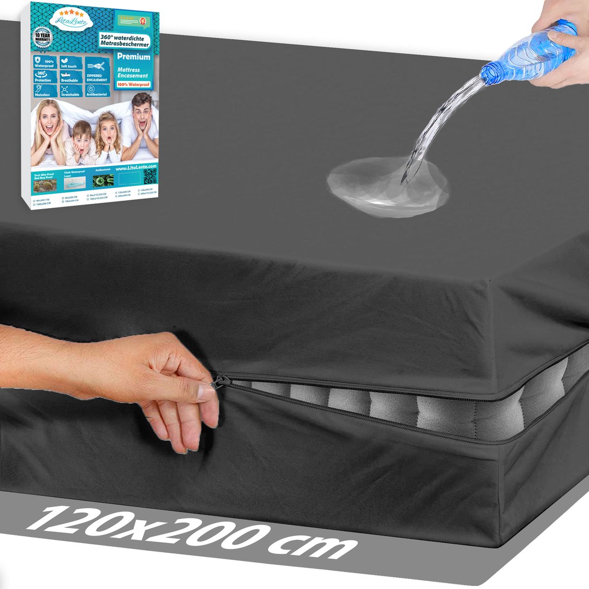 Luxe Waterdichte Matrashoes Met Rits - Matrasvernieuwer 120 x 200 cm - Antraciet - Anti Bedbug - Allergie, Huisstofmijt en Antibacteriële - 100% Waterdichte en Bedwantsbestendige Matrasbeschermer Molton - Ritssluiting