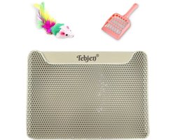 TEBJEN XXL Kattenbakmat - 55cm * 75cm - Met Speelgoedmuisje En Schepje - Schoonloopmat Kattenbak – Katten Grit Opvanger – Dubbele Waterdichte Laag – Uitloopmat Kattenbak – Kattenverzorging – Kattenbak Accessoires - Klittenband - Beige