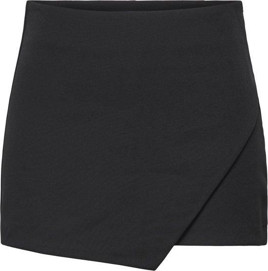 Zwarte skort met overslag voorpand en schuine zoom.