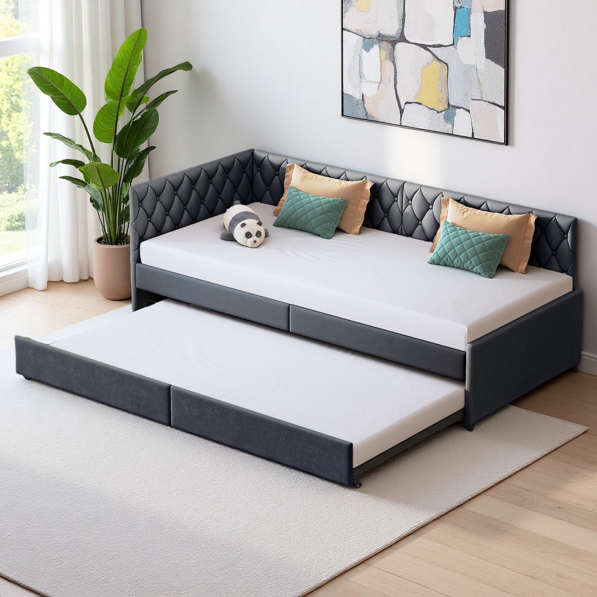 Gestoffeerde slaapbank 90 x 200 cm met uittrekbaar bed, eenpersoonsbed, slaapbank, slaapbankframe met lattenbodem, grijs (zonder matras)