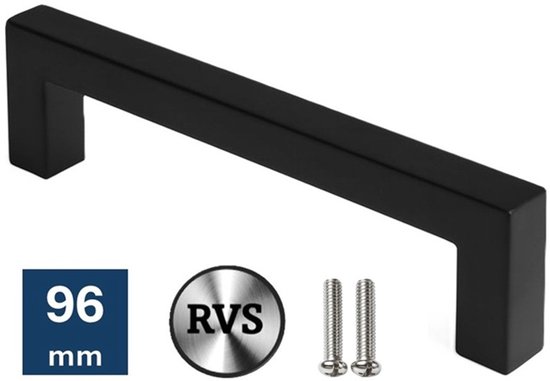 Zwarte, vierkante RVS handgreep van 96mm, met twee schroeven.