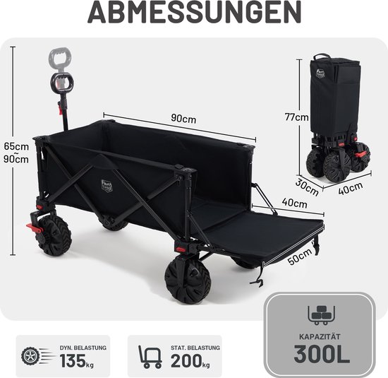 TIMBER RIDGE Bolderkar - Opvouwbaar & Compact - 135KG draagvermogen - 300L inhoud - wielen met remmen & Met verstelbare hendel - Voor camping & strand - Zwart van Merkloos — afbeelding 3