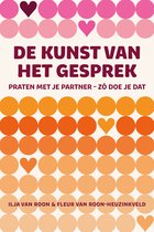 Boekomslag met de titel 'De kunst van het gesprek'. Cirkels in roze, oranje en perziktinten. Met harten.