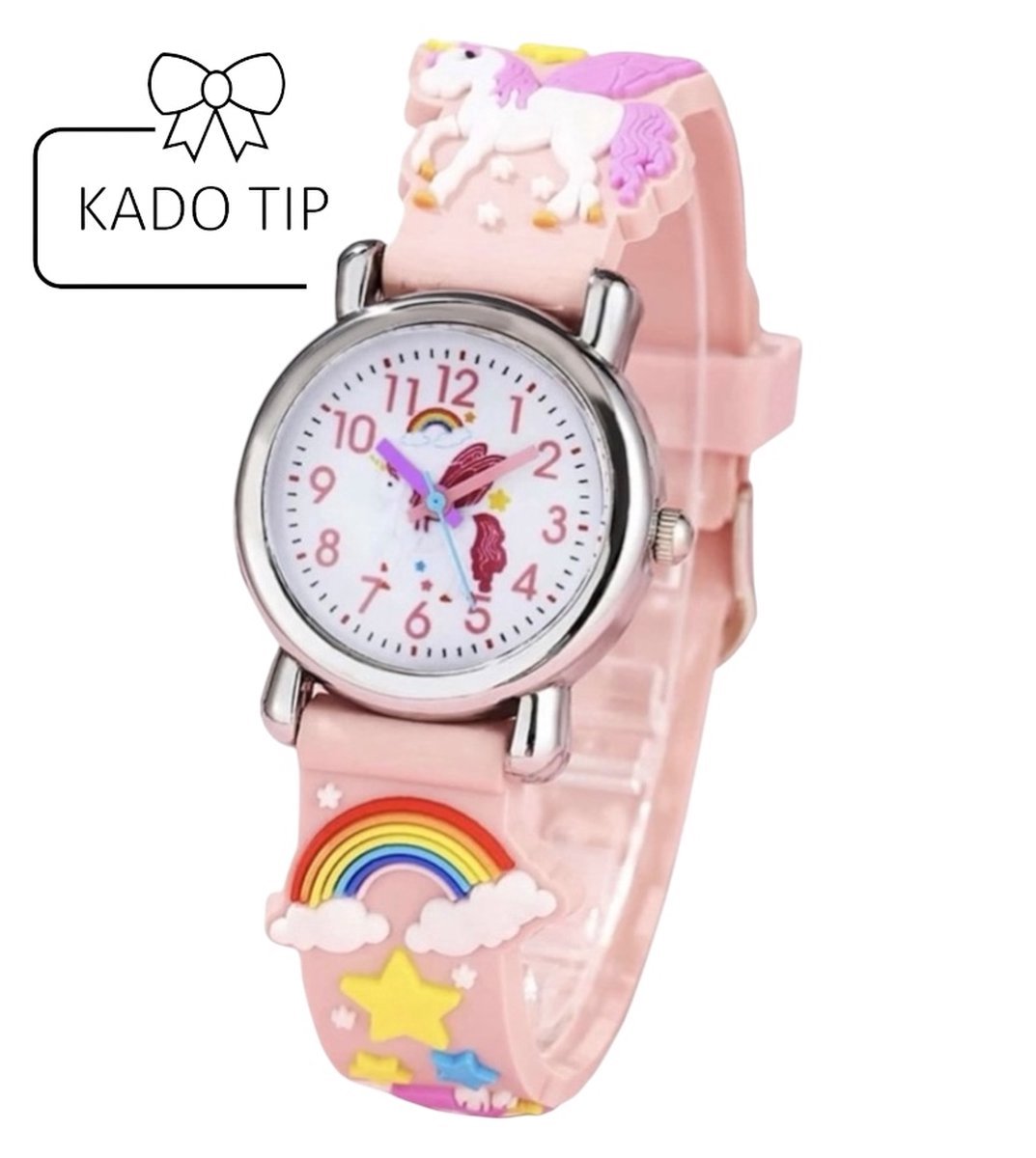 kinderhorloge met rubberen band met ronde wijzerplaat - één maat verstelbaar met gesp vastmaken - kinderhorloge, verjaardagcadeau, feestdagen, cadeau voor meisjes - roze - eenhoorn
