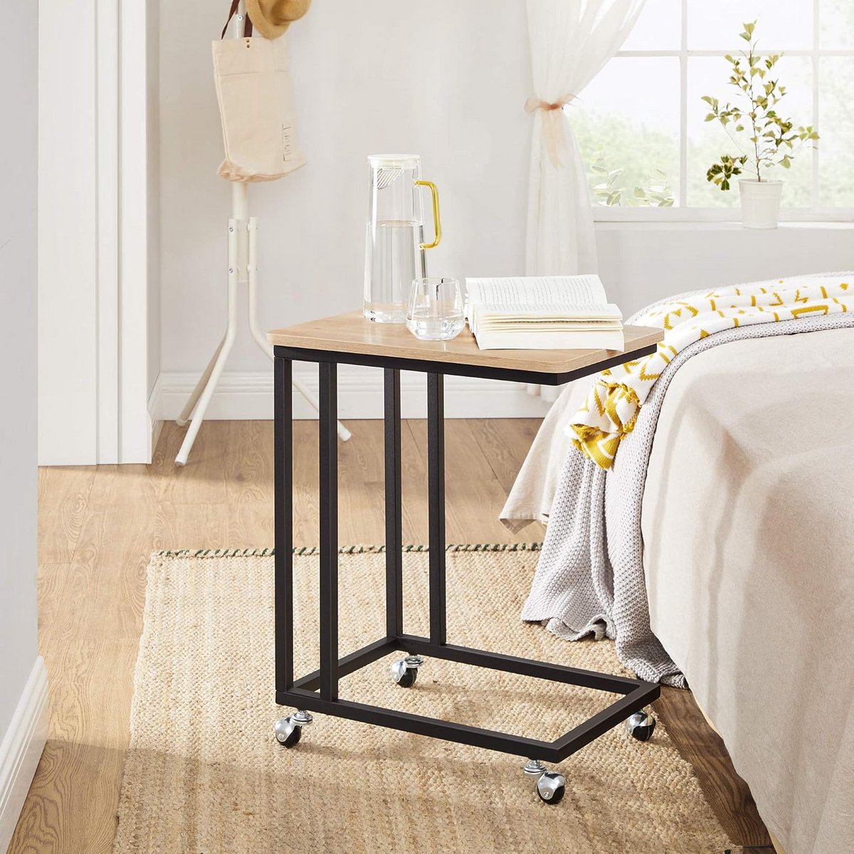 Zijtafel op Wielen Bank bijzettafel Licht Eiken