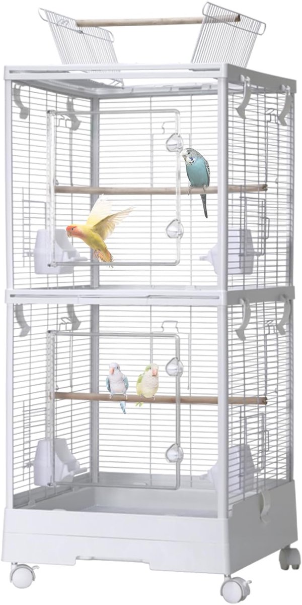 XXL Vogelkooi Grasparkieten Kanarie met zitplaats en accessoires met verrijdbare standaard - wit- 46x46x111CM