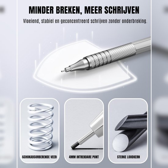 Een zilverkleurig mechanisch potlood met een verende punt, dat zorgt voor soepel schrijven.
